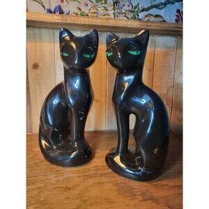 Cat Figurine Pair Black Green Eyes Vtg MCM Style Sleek Lines Glossy Siamese